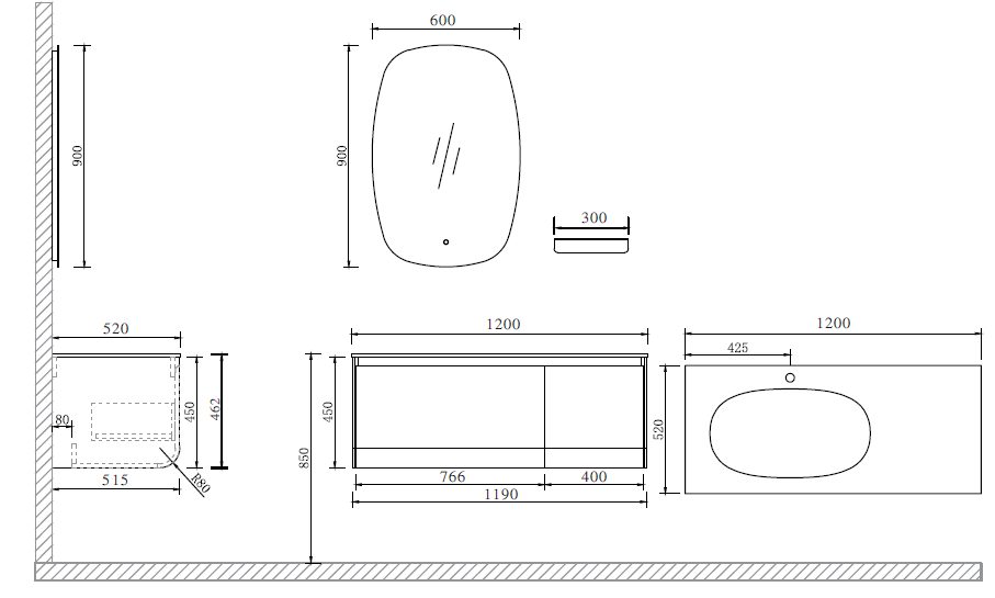 Схема товара Комплект мебели для ванной комнаты MARAVILLA-100-LWD