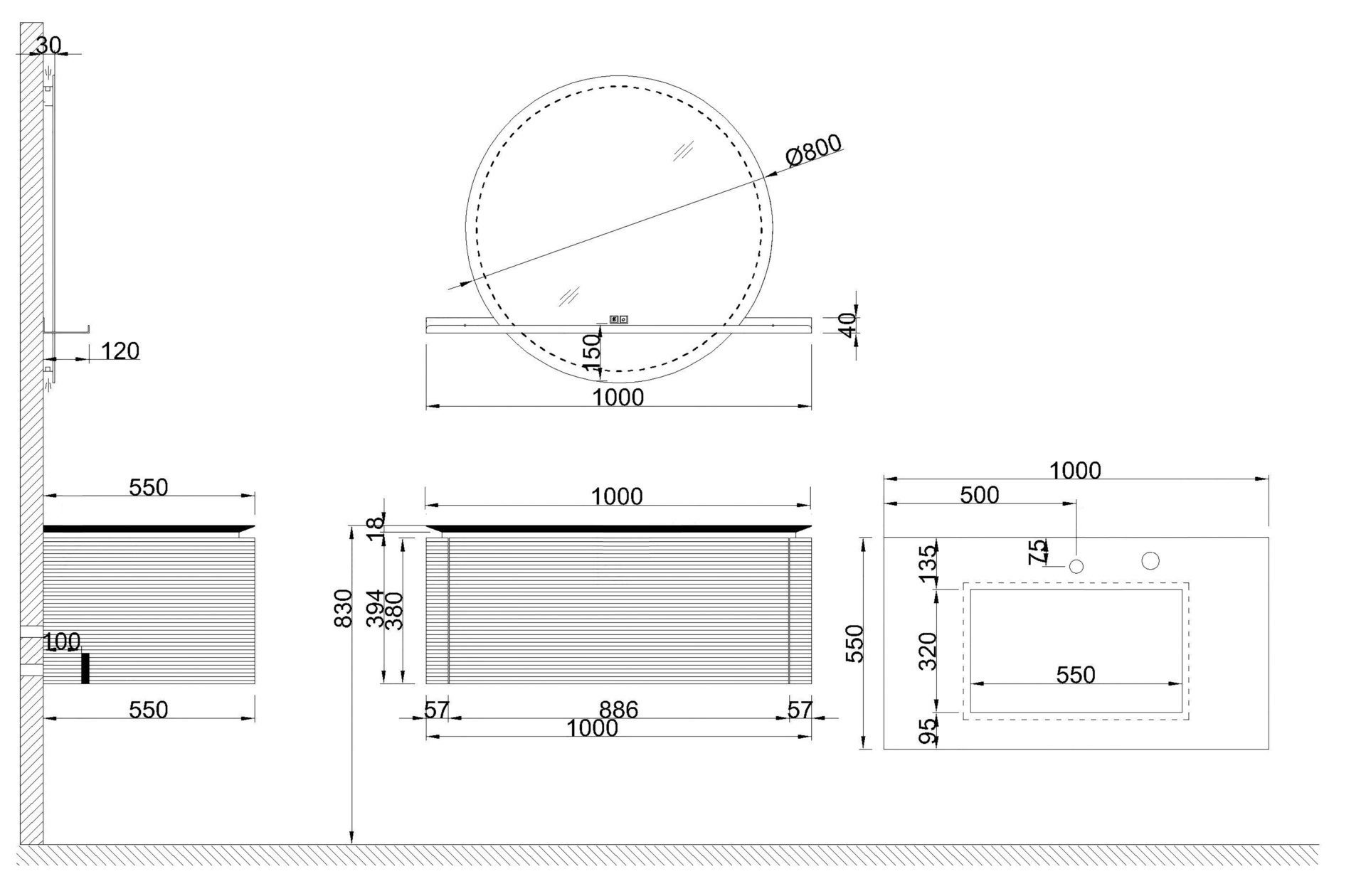 Схема товара Комплект мебели для ванной комнаты JASPER-1000