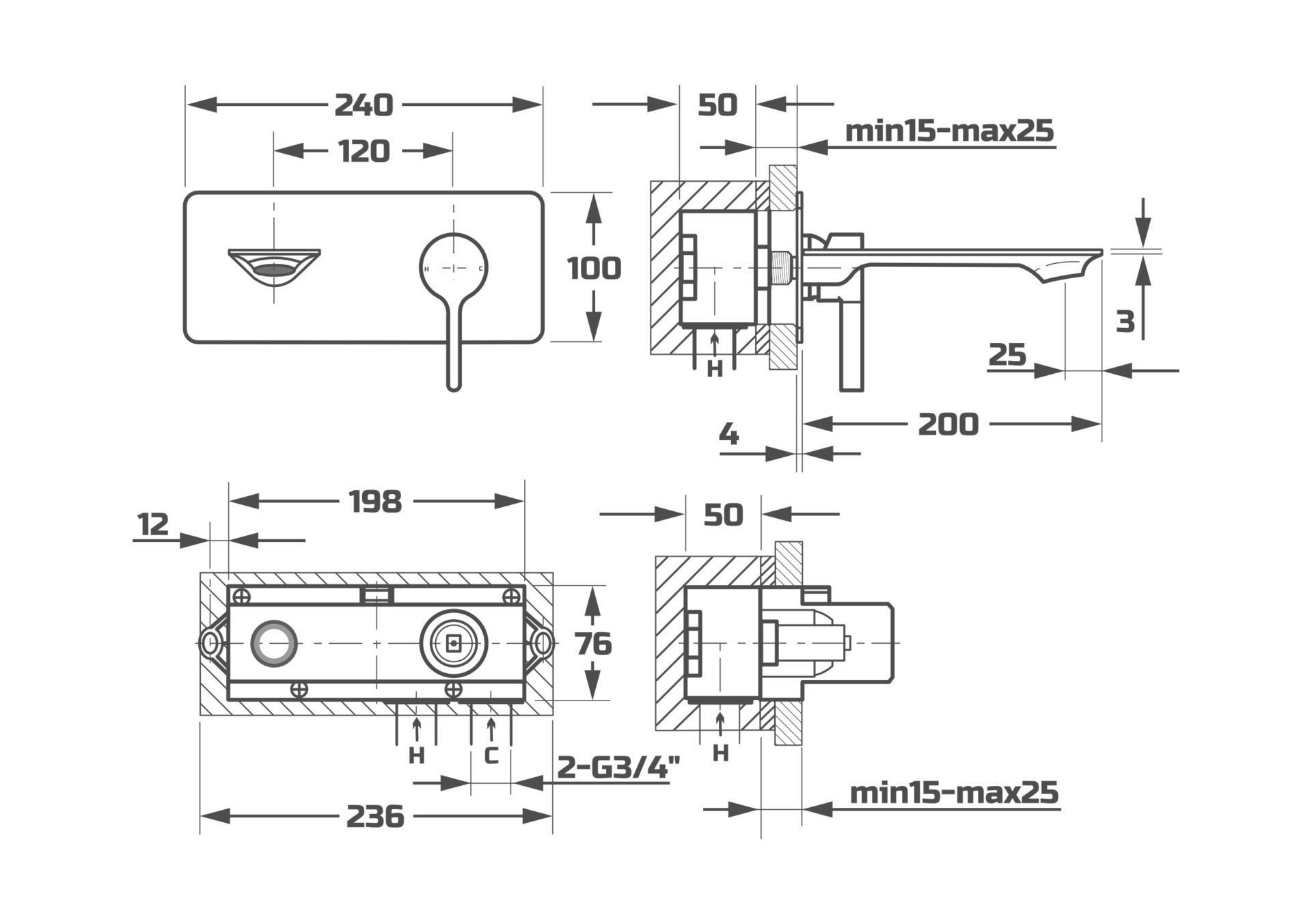 Схема товара Смеситель для раковины встраиваемый PL14106