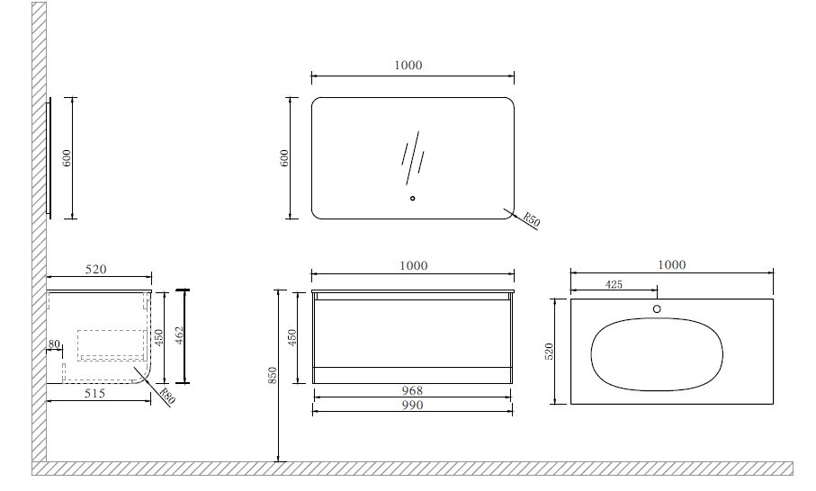 Схема товара Комплект мебели для ванной комнаты MARAVILLA-100-LWD