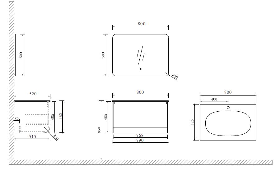 Схема товара Комплект мебели для ванной комнаты MARAVILLA-100-LWD