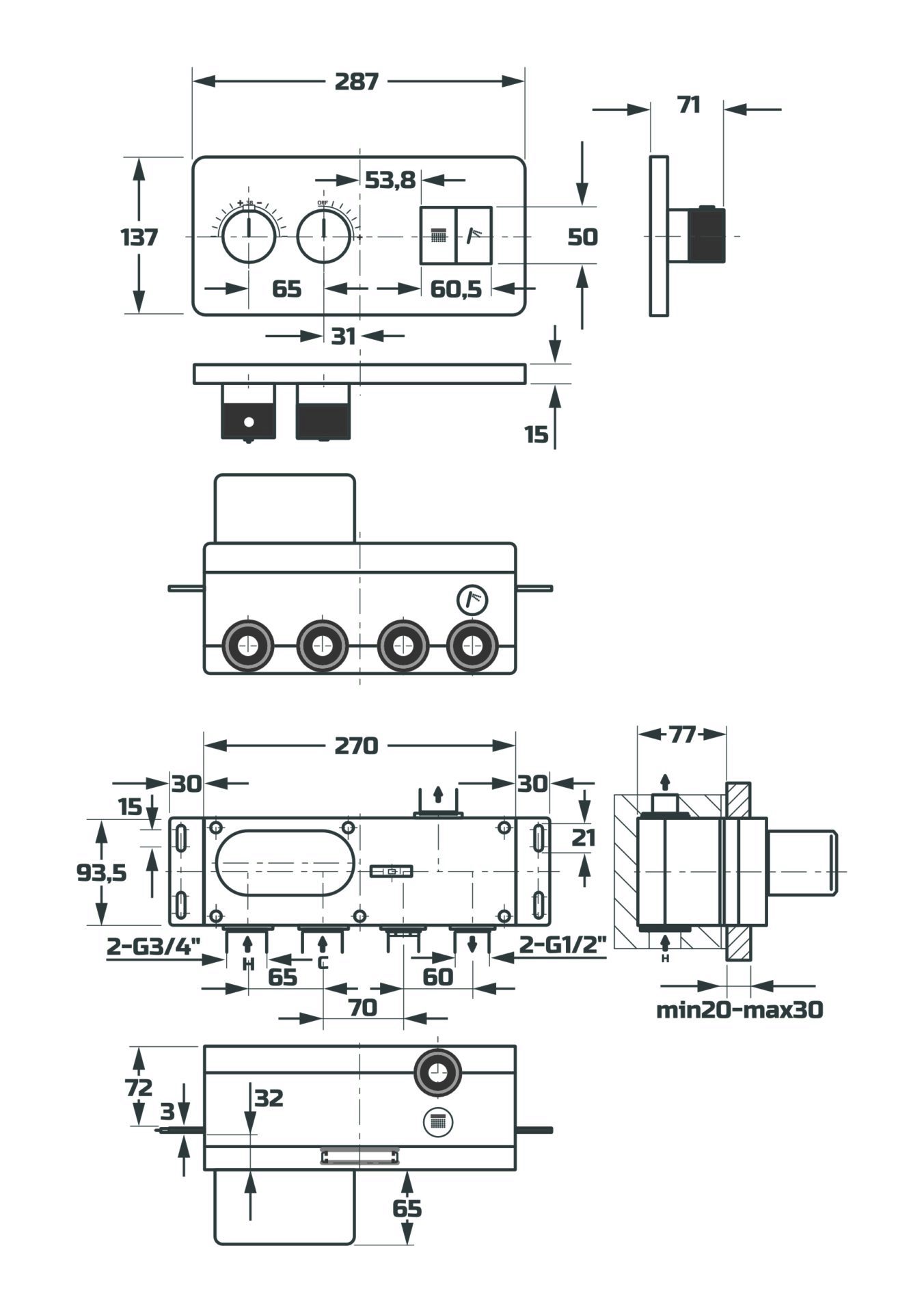 Схема товара Душевая система с термостатом встраиваемая с лицевой панелью PL83100