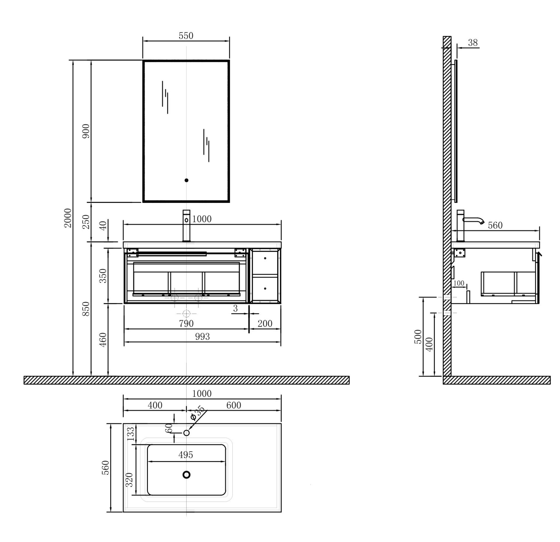 Схема товара Комплект мебели для ванной комнаты ESTRELLA-1000