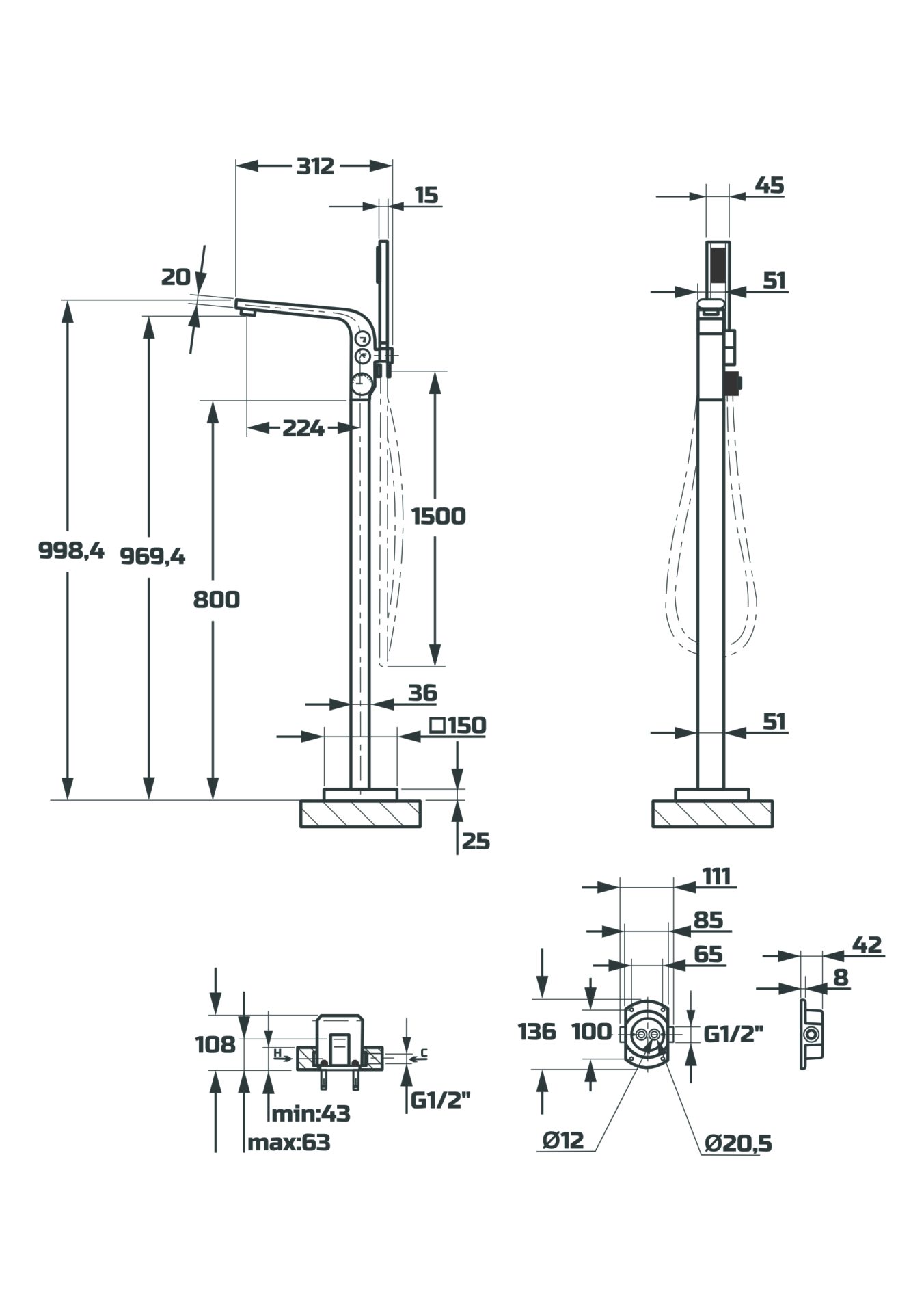 Схема товара Напольный смеситель для ванны PL3097