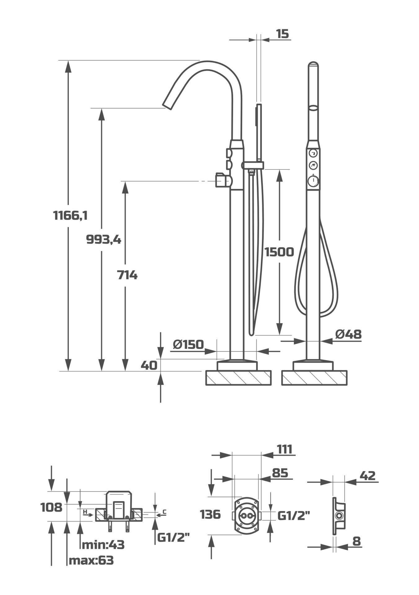Схема товара Напольный смеситель для ванны PL3098
