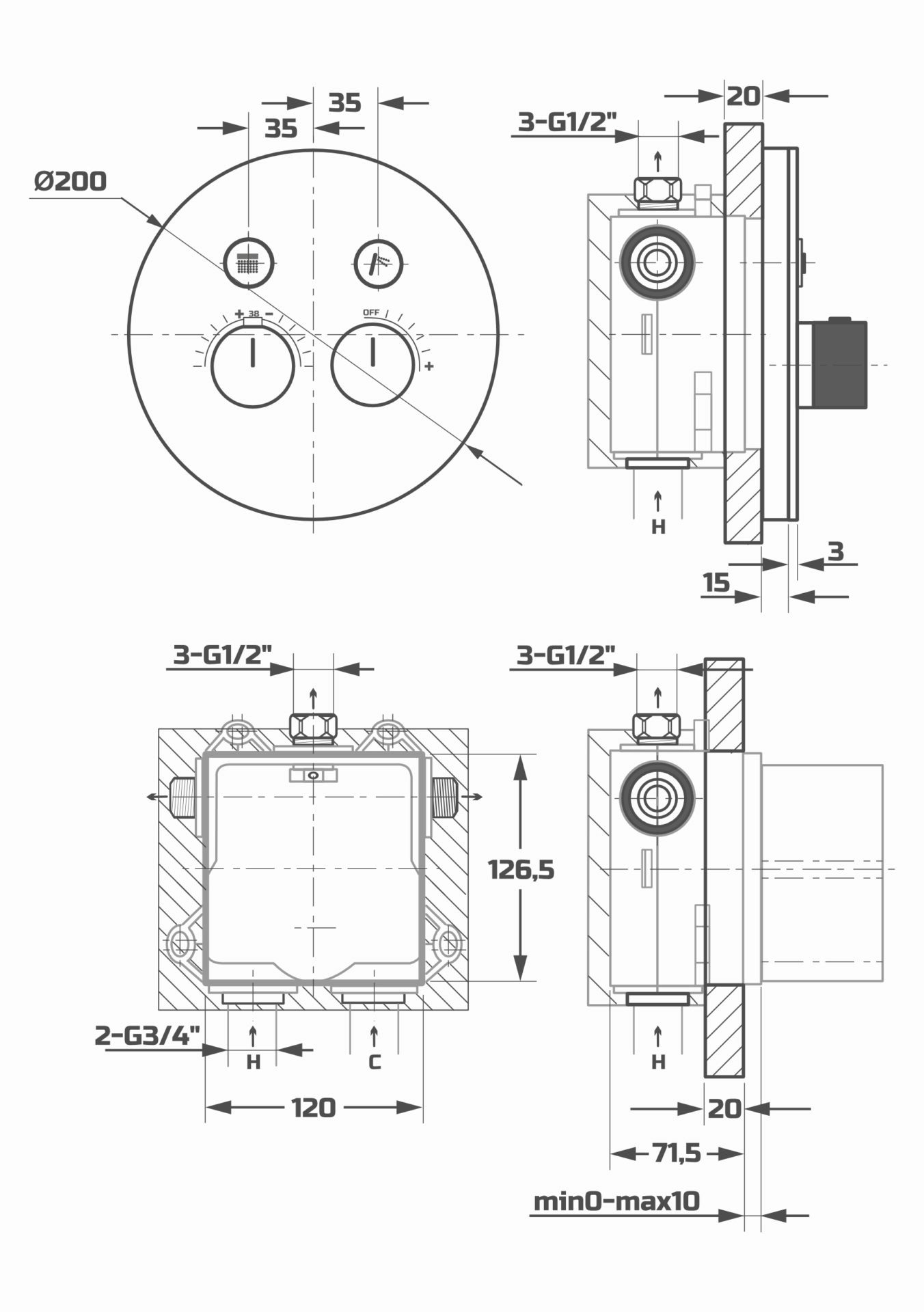 Схема товара Душевая система с термостатом встраиваемая с лицевой панелью PL8099-9