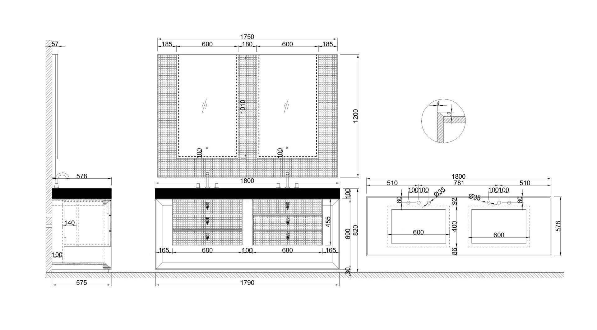 Схема товара Комплект мебели для ванной комнаты ONYX-1200