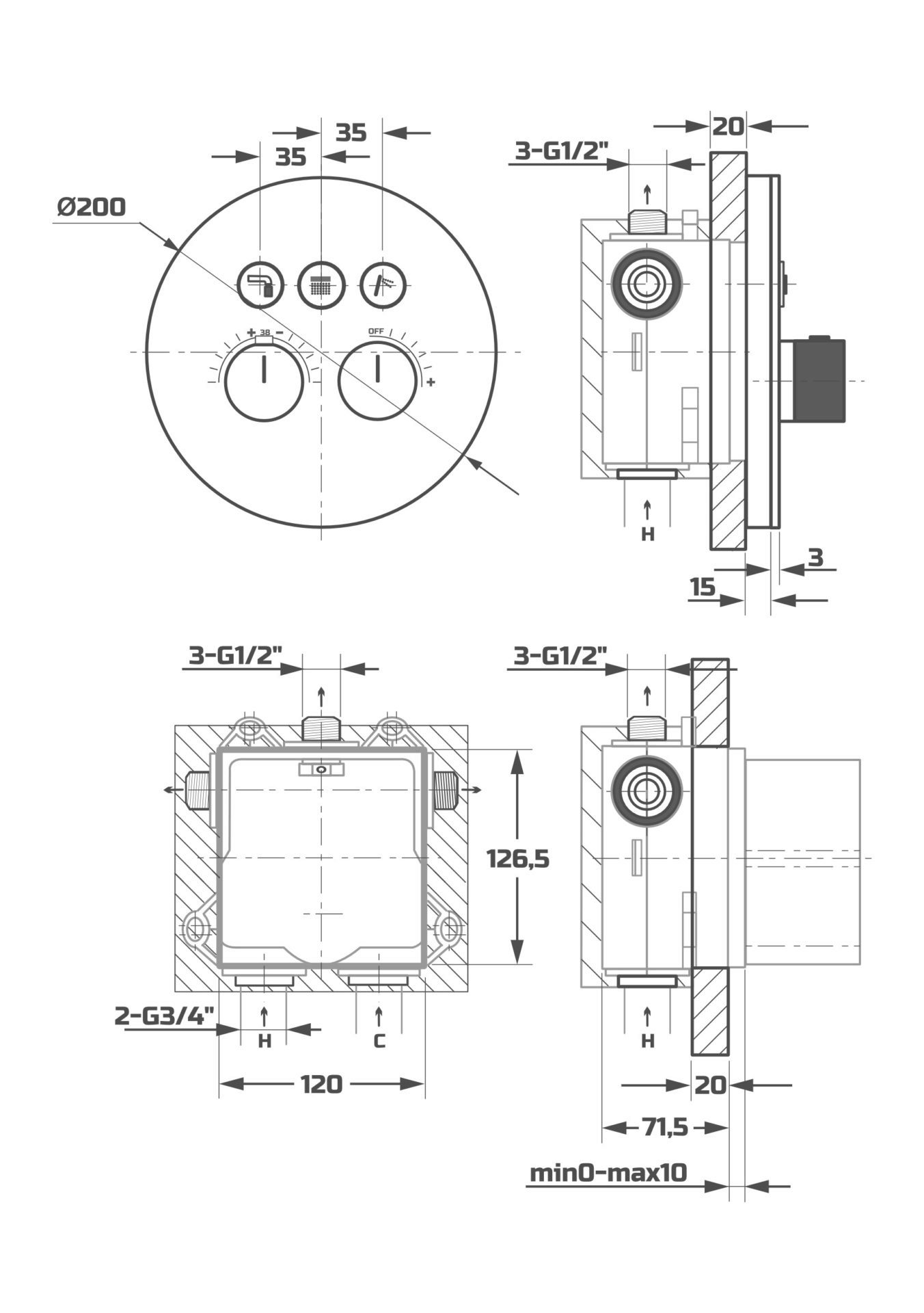 Схема товара Душевая система с термостатом встраиваемая с лицевой панелью PL8199