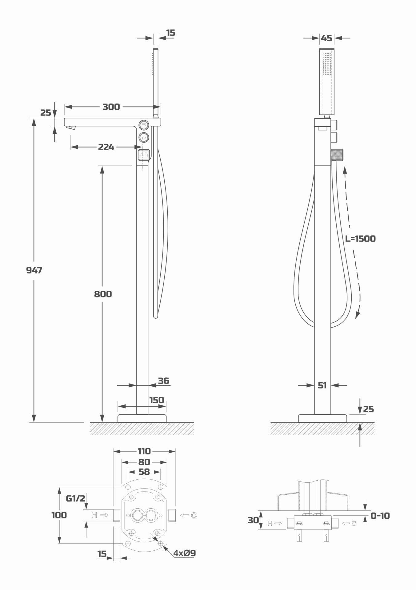 Схема товара Напольный смеситель для ванны PL30109