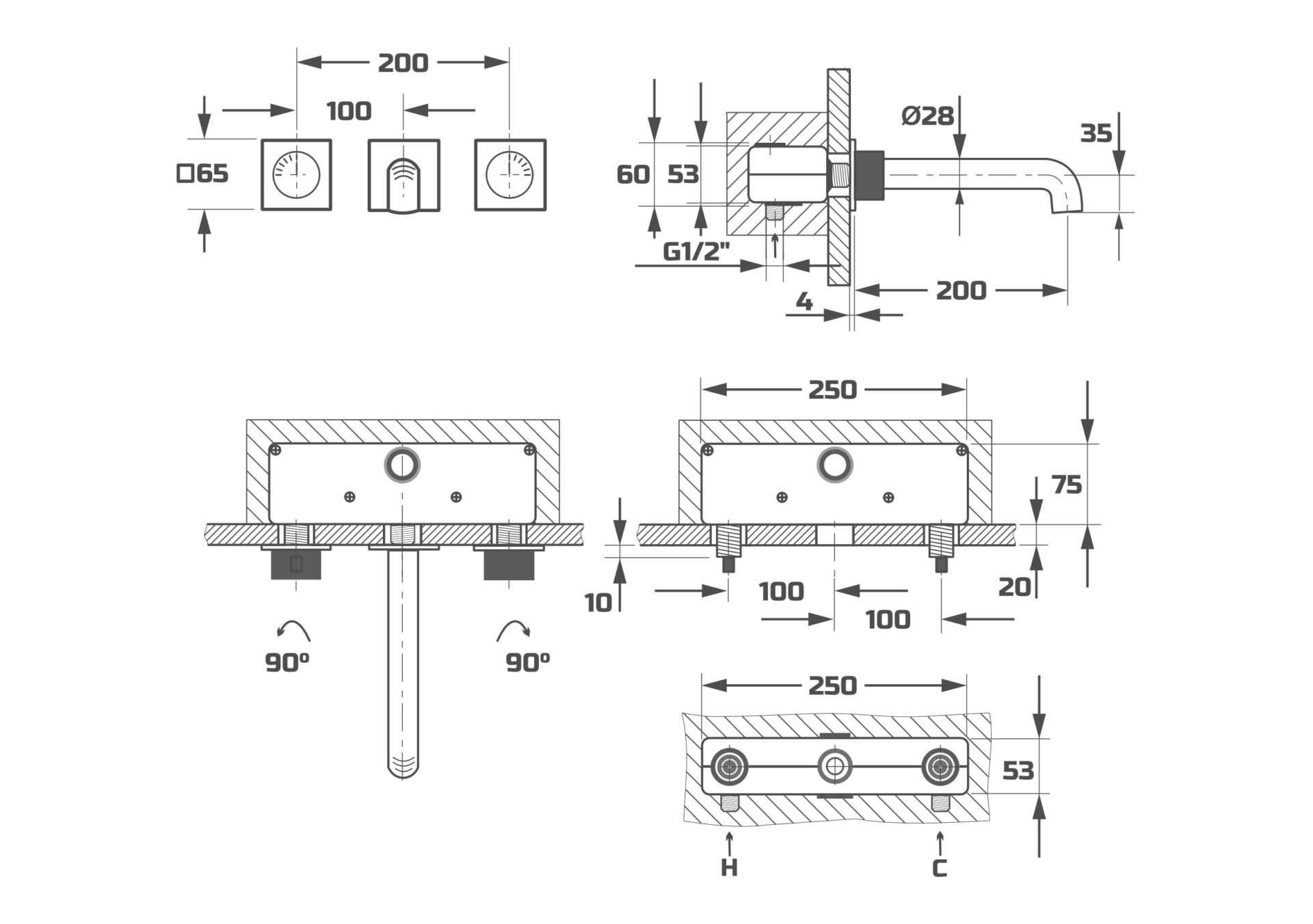 Схема товара Смеситель для раковины встраиваемый PL14103