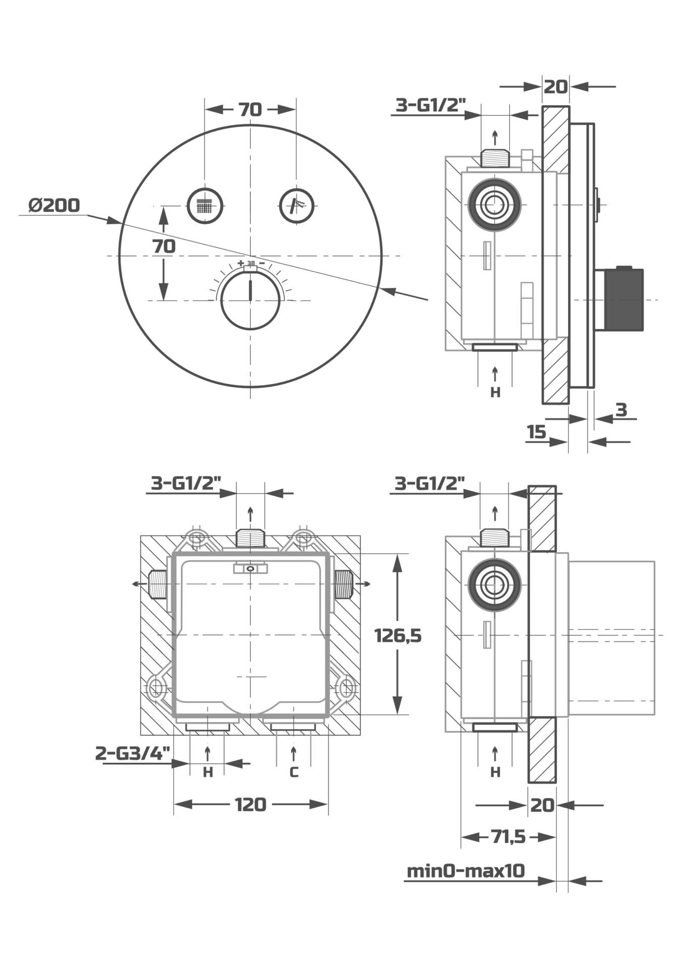 Схема товара Душевая система с термостатом встраиваемая с лицевой панелью PL7698-8