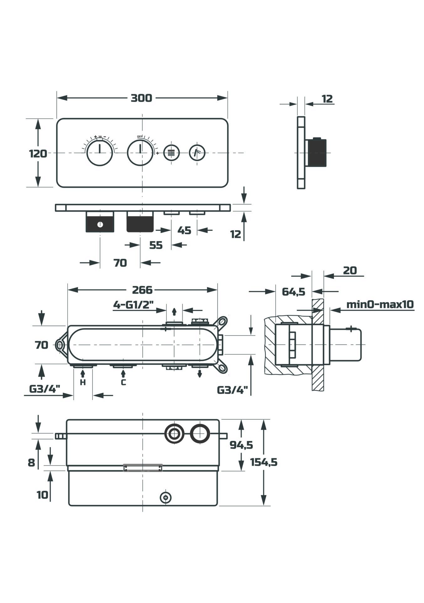 Схема товара Душевая система с термостатом встраиваемая с лицевой панелью PL86106