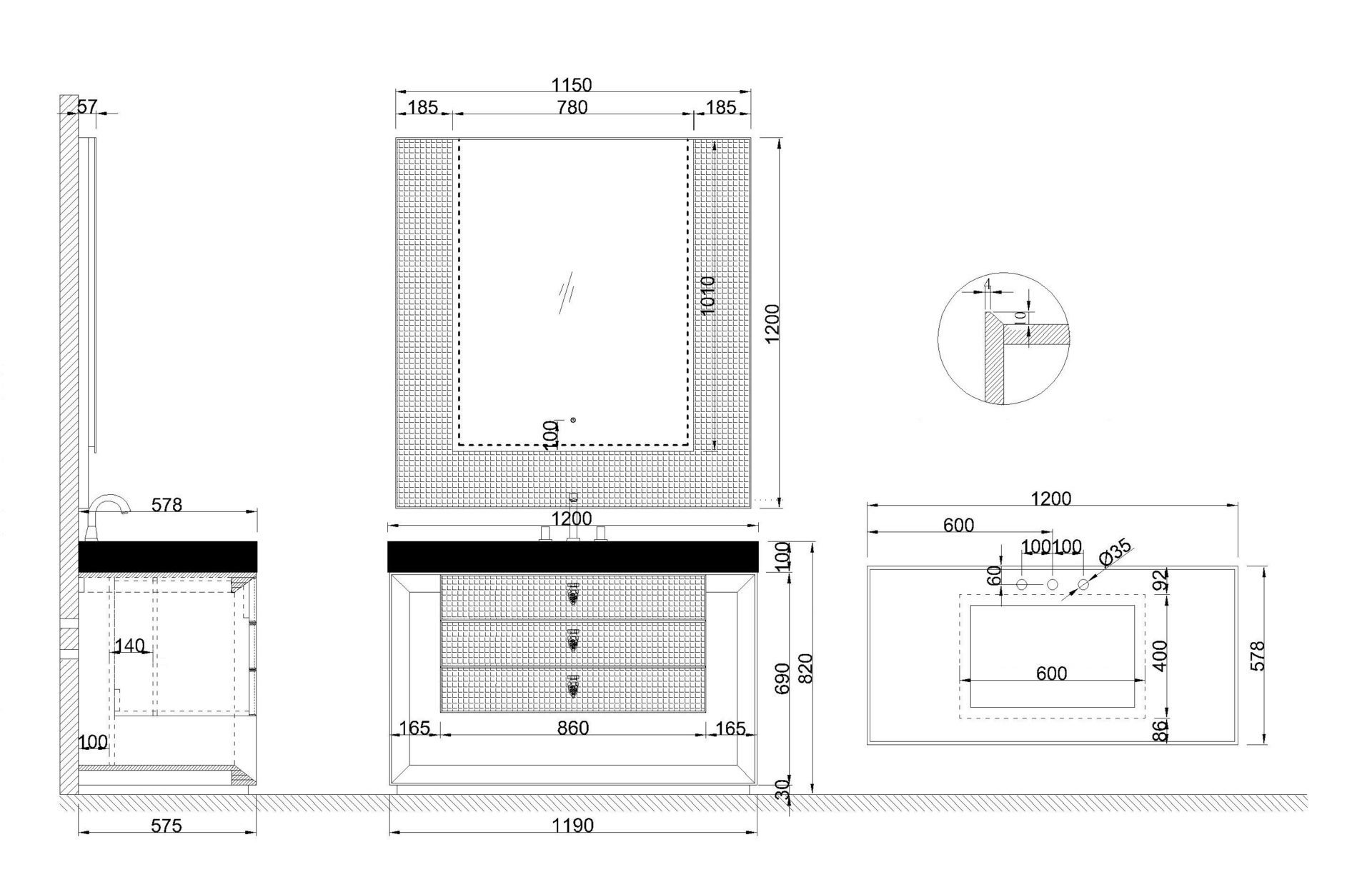 Схема товара Комплект мебели для ванной комнаты ONYX-1200