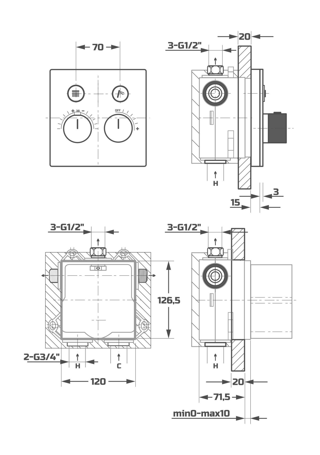 Схема товара Душевая система с термостатом встраиваемая с лицевой панелью PL7899