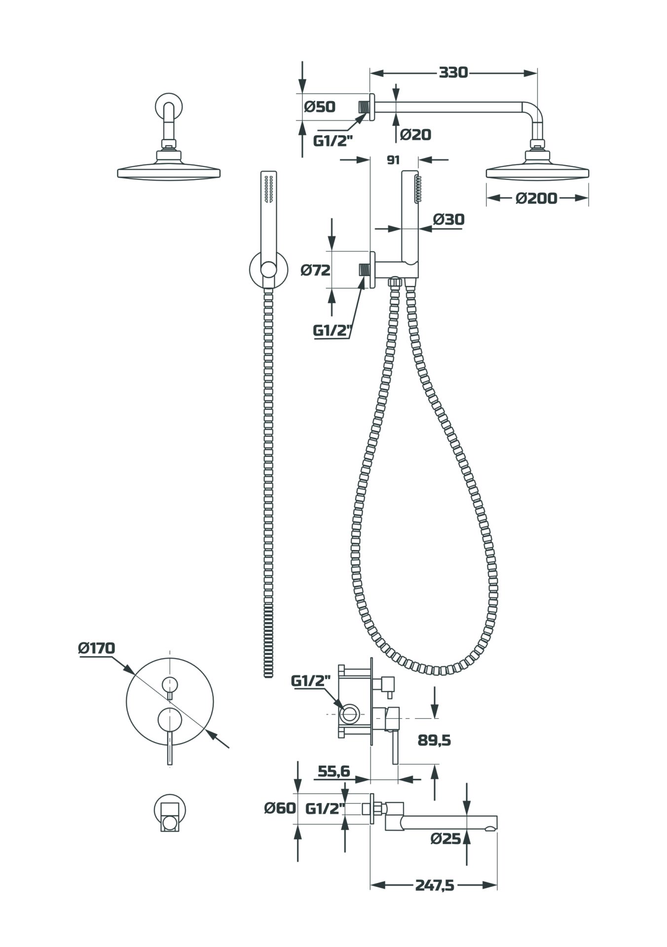 Схема товара Душевая система встраиваемая с лицевой панелью комплект PL7487