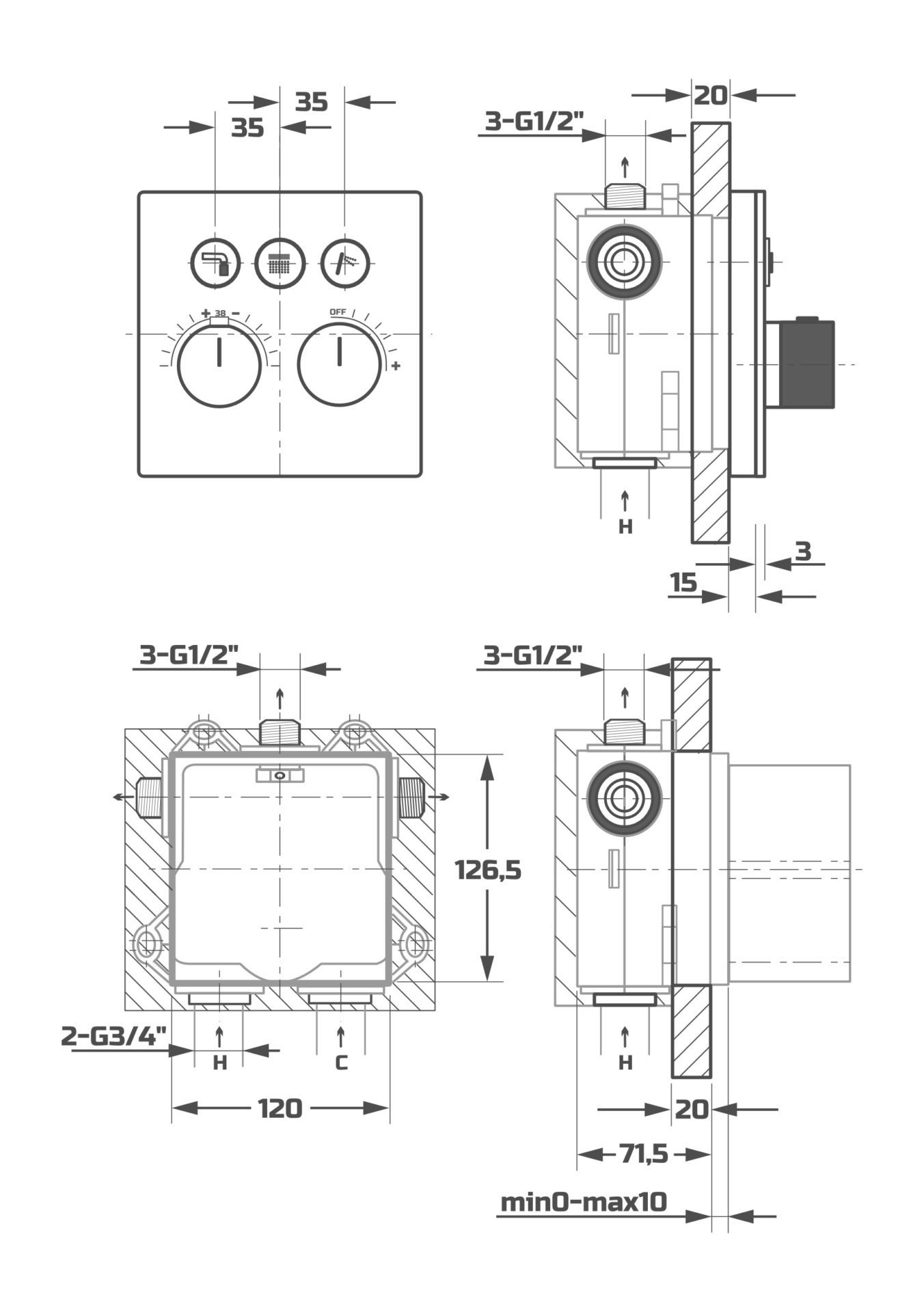 Схема товара Душевая система с термостатом встраиваемая с лицевой панелью PL7999